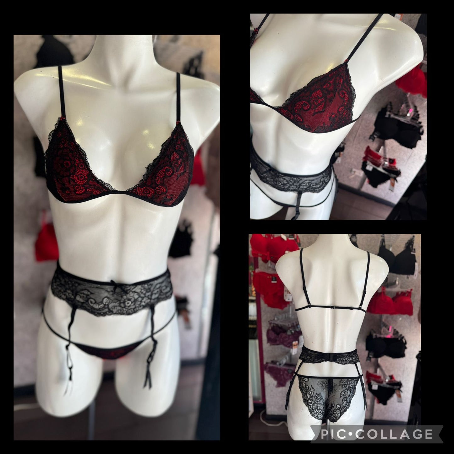 Conjunto encaje negro fondo rojo